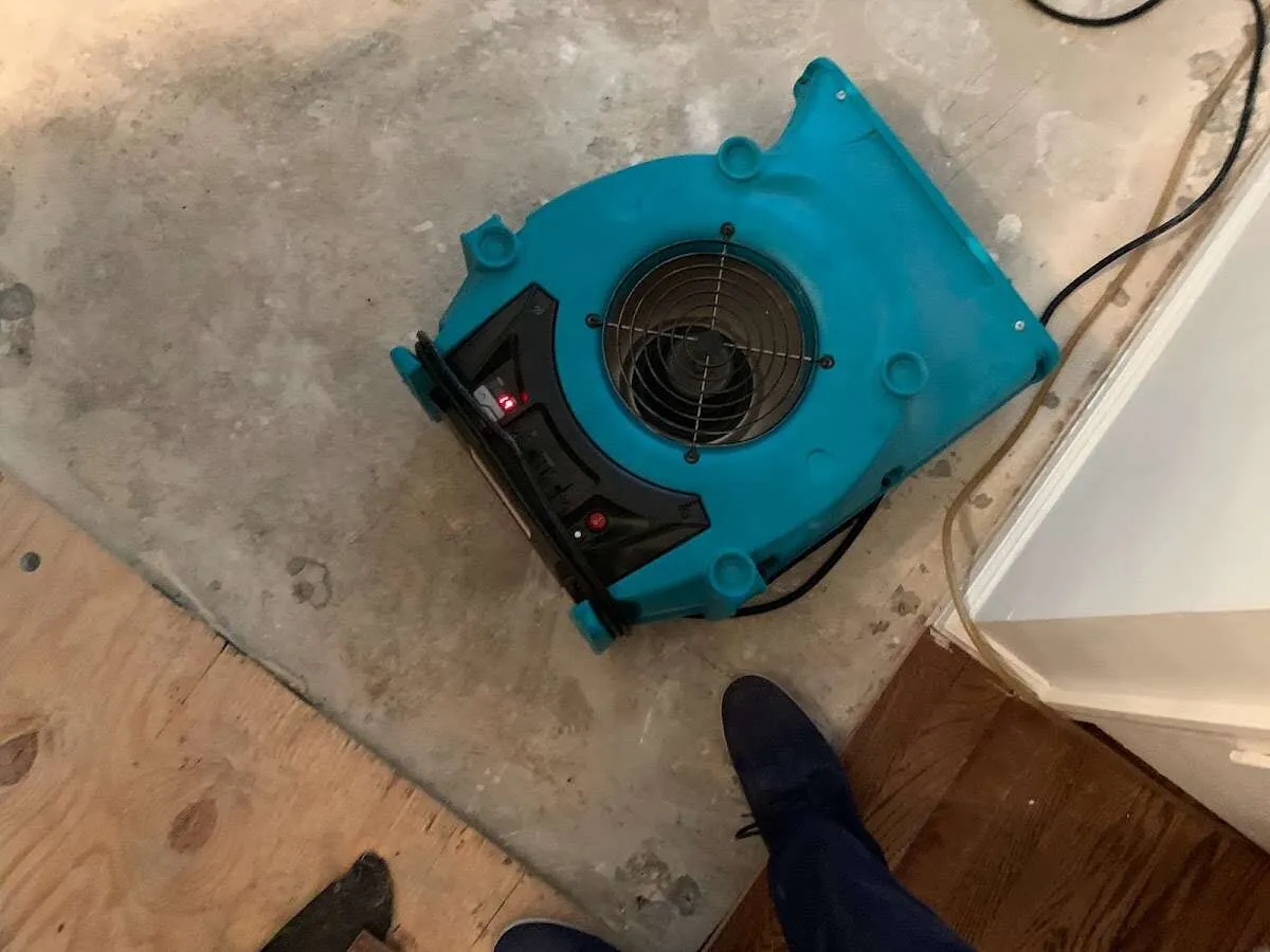 Air mover drying subfloor during Commercial Water Damage Restoration in Maize